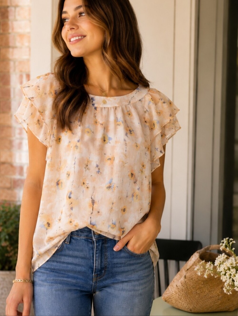 NWT Melloday Flutter Sleeve Floral Blouse Size Small Sheer Romantic Boho Top